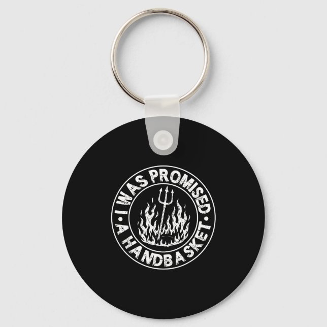 Was promised a handbasket fun distressed pitchfork key ring (Front)