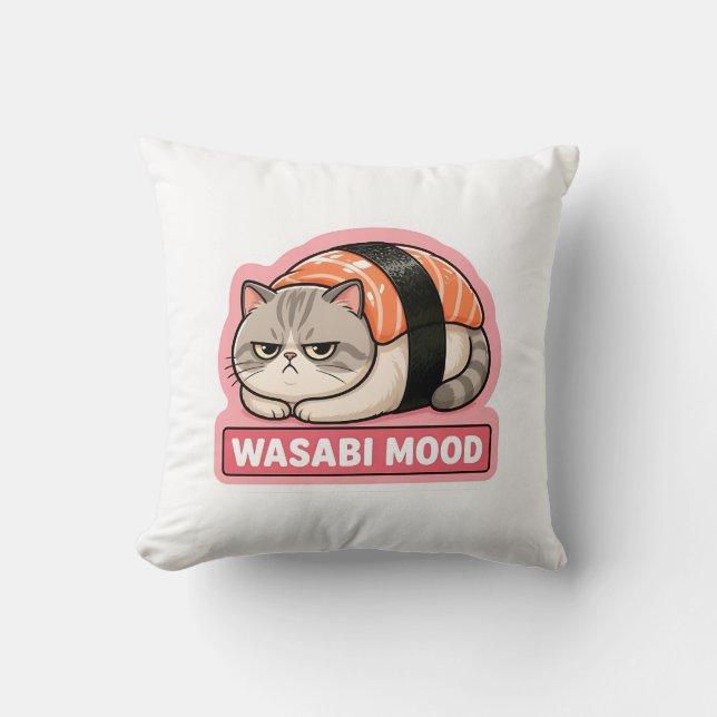 Wasabi Mood Funny Grumpy Cat Sushi Meme Cushion (Front)