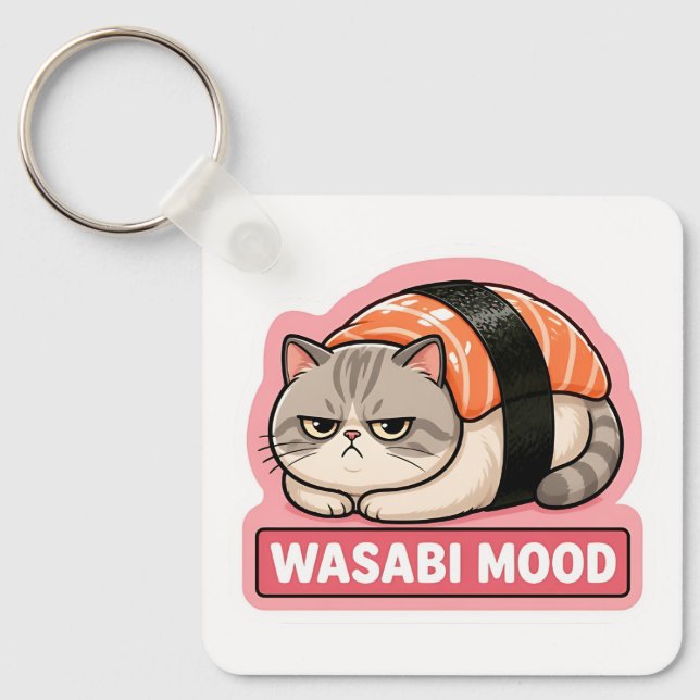 Wasabi Mood Funny Grumpy Cat Sushi Meme Key Ring (Front)