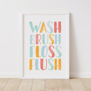 Wash Brush Floss Blush Colourful Bathroom Poster