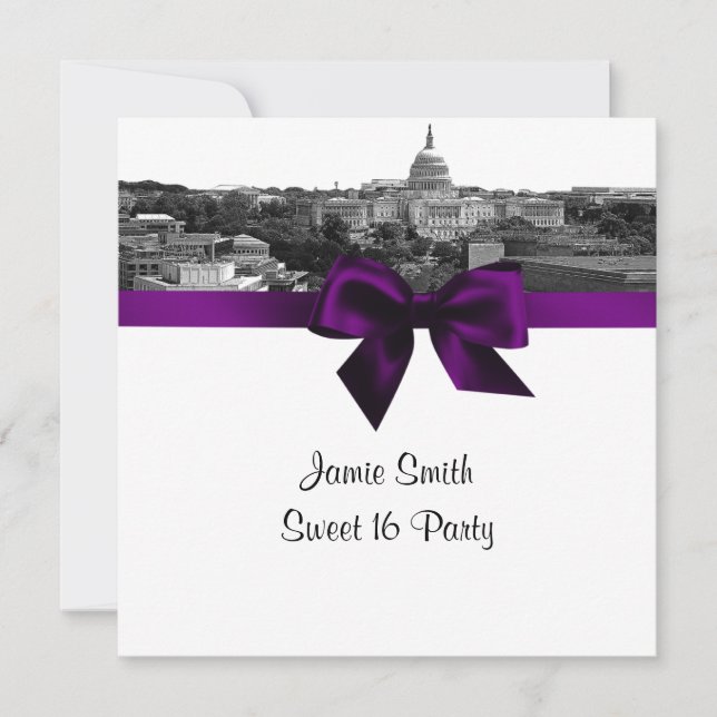 Wash DC Skyline Etched BW Purple Sweet Sixteen SQ Invitation (Front)