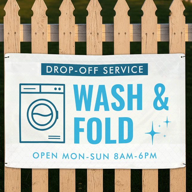 Wash & Fold Service Laundry Dry Cleaner Blue White Banner (Creator Uploaded)
