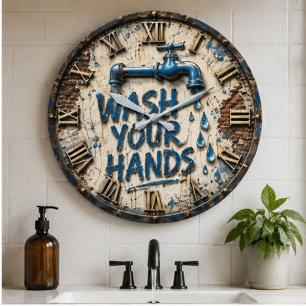 Wash Your Hands Bathroom Rustic Farmhouse Large Clock