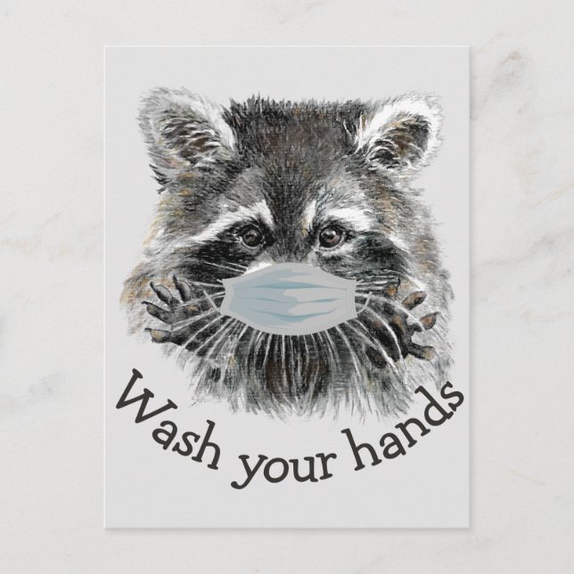 Wash Your Hands Covid Pandemic Cute Racoon Quote Postcard (Front)