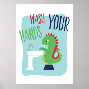 Wash Your Hands   Dino Bathroom Art Poster
