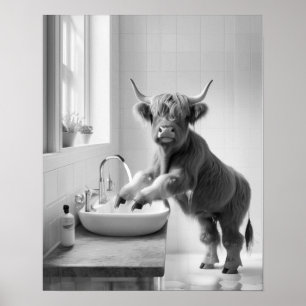 Wash Your Hands Hand Washing Highland Cow Bathroom Poster
