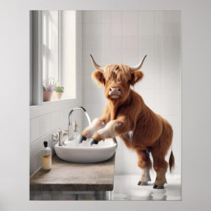 Wash Your Hands Hand Washing Highland Cow Bathroom Poster