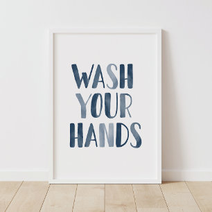 Wash Your Hands Navy Blue Kids Bathroom Poster