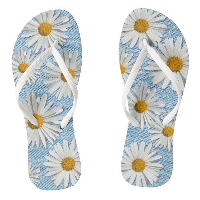 Washed Denim Daisy Flower Blossom - Trendy Fashion Thongs (Footbed)
