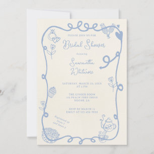 Washed Indigo Scene Doodle Bridal Shower Invitation