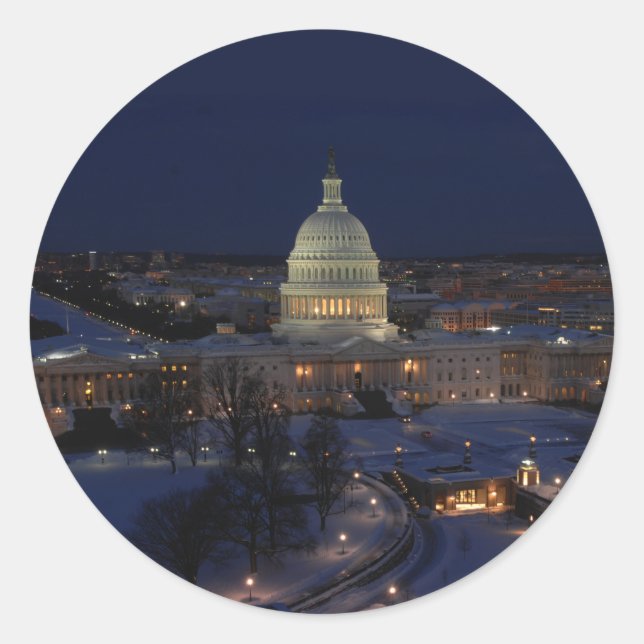 Washington D.C. Capitol Building in Winter Night Classic Round Sticker (Front)