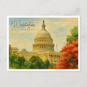 Washington D.C. USA Retro Watercolor Travel Holiday Postcard