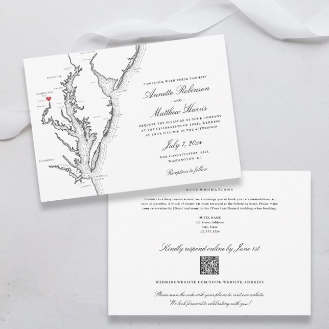 Washington DC all-in-one QR code RSVP Wedding Invitation (Washington DC All-in-One QR code Wedding invitation in elegant black and white | Coastal Map Designs)