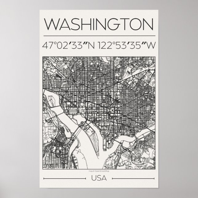Washington DC Charcoal City Map Poster ModernUrban (Front)