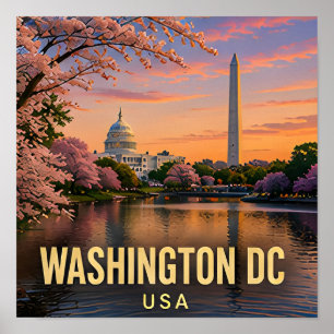 Washington DC Cherry Blossom Monument Skyline Poster
