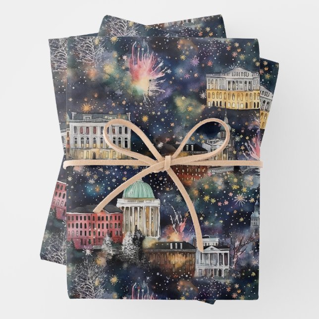 Washington DC Christmas & New Year's Watercolors Wrapping Paper Sheet (In situ)