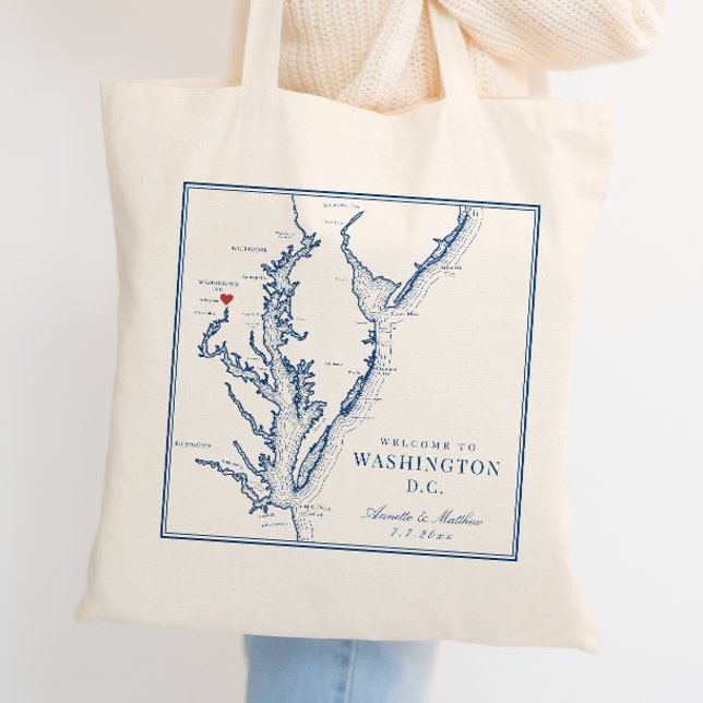 Washington DC Elegant Navy Wedding Welcome Tote Bag (Washington DC Map Wedding Favor Tote Bag with elegant navy blue Chesapeake Bay illustration)