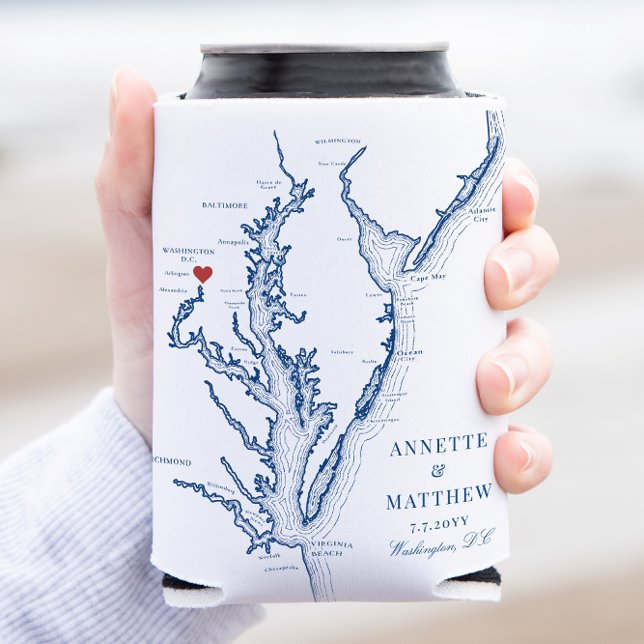 Washington DC Elegant Wedding Favour Can Cooler (Washington DC Map Wedding Favor coozie with elegant navy blue Chesapeake Bay map)