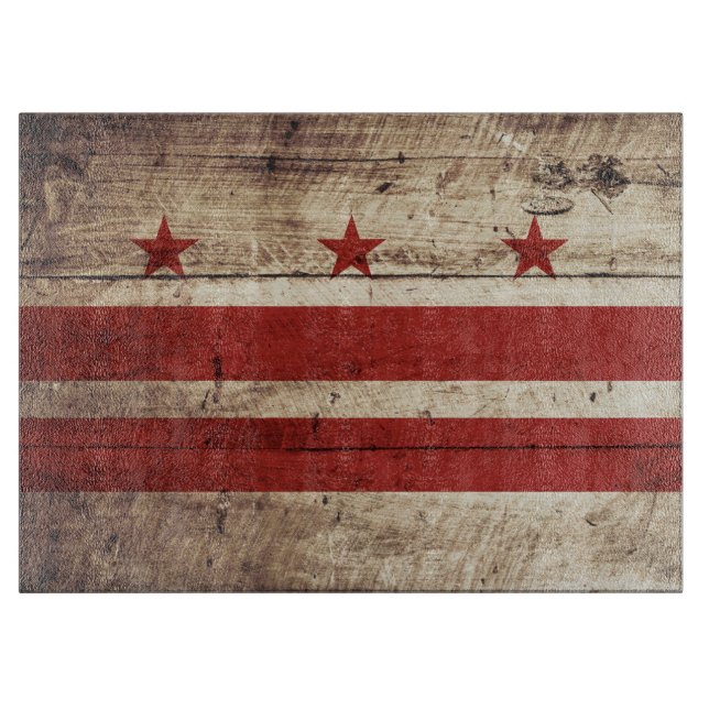 Washington DC Flag on Old Wood Grain Cutting Board (Front)