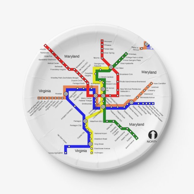 Washington DC Metro Subway Map Paper Plate (Front)
