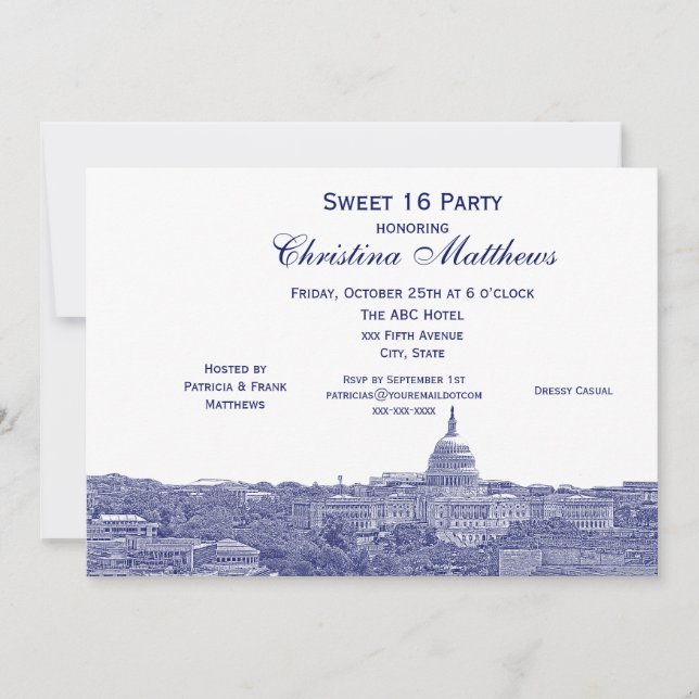 Washington DC Navy Skyline Silhouette Sweet 16 Invitation (Front)