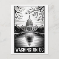 Washington DC Skyline Black White Woodcut