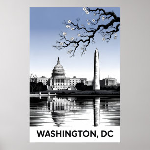 Washington DC Skyline Black White Woodcut Poster