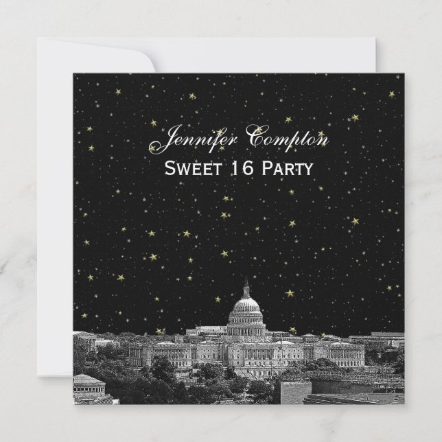 Washington DC Skyline Etch Starry DIY SQ Sweet 16 Invitation (Front)