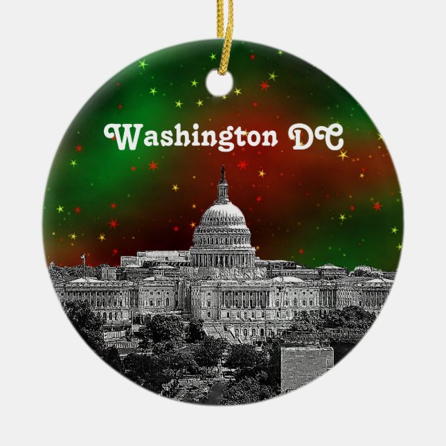 Washington DC Skyline Green Red Starry Sky Xmas Ceramic Ornament (Front)
