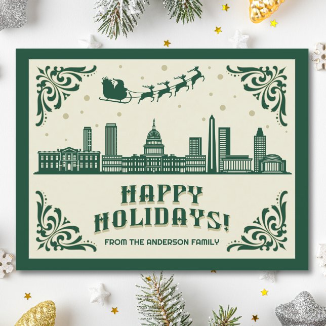 Washington, DC Skyline Happy Holiday Postcard (Happy Holidays Washington, DC skyline cityscape christmas postcard customizable real estate Santa )