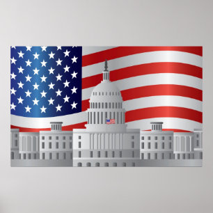 Washington DC US Capitol Building with US Flag Poster