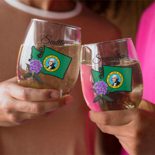 Washington Flag & Flower Pacific Rhododendron Stemless Wine Glass