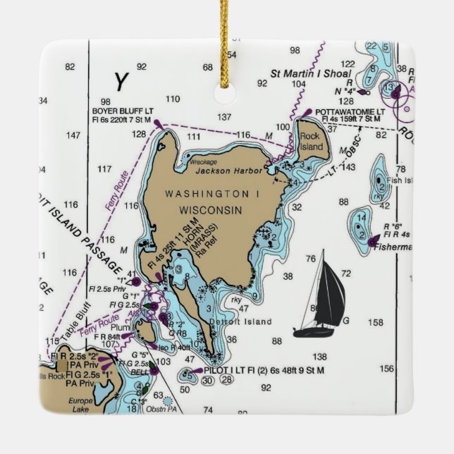 Washington Island WI Nautical Chart Ceramic Ornament (Back)