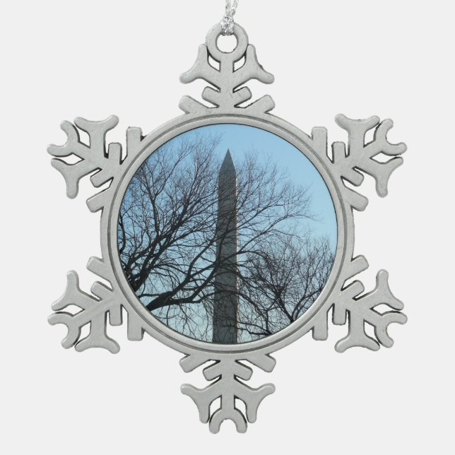 Washington Monument in Winter I Landscape Snowflake Pewter Christmas Ornament (Front)