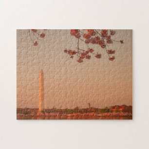 Washington Monument Sakura at sunset. Jigsaw Puzzle
