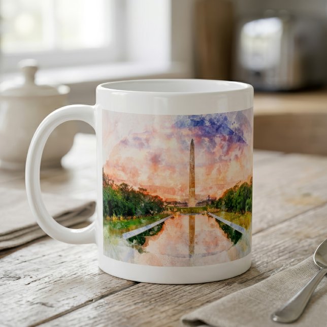 Washington Monument watercolor during sunset Coffee Mug (Washington Monument Watercolor Sunset Reflection. Coffee Mug)