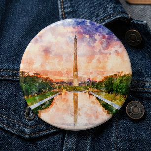 Washington Monument Watercolor Sunset Reflection 6 Cm Round Badge