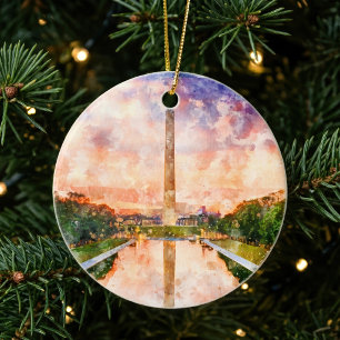 Washington Monument Watercolor Sunset Reflection Ceramic Ornament