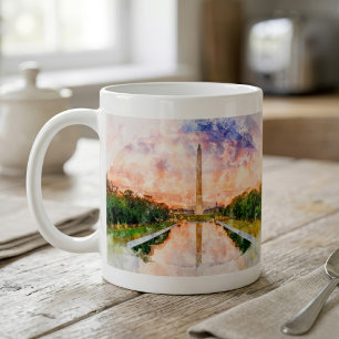 Washington Monument Watercolor Sunset Reflection Coffee Mug