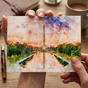 Washington Monument Watercolor Sunset Reflection Postcard