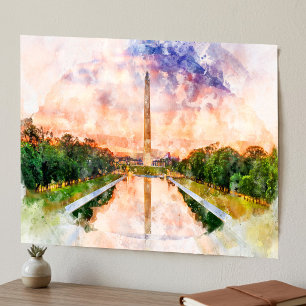Washington Monument Watercolor Sunset Reflection Poster