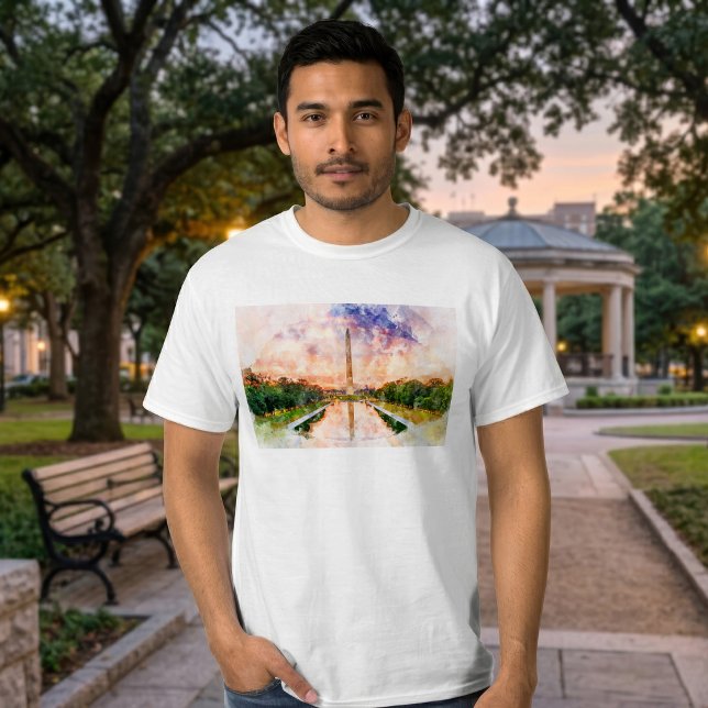 Washington Monument Watercolor Sunset Reflection T-Shirt (Washington Monument Watercolor Sunset Reflection. Men Basic White T-Shirt)