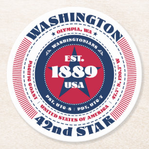 Washington Red White Blue Typography Round Paper Coaster
