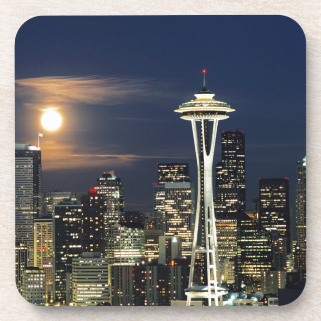 Washington, Seattle, Skyline at night from Kerry 1 Coaster (Front)
