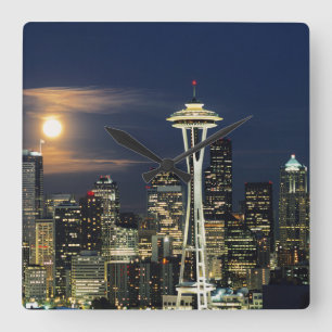 Washington, Seattle, Skyline at night from Kerry 1 Square Wall Clock