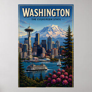 Washington Seattle Skyline Mountain Waterfront Poster