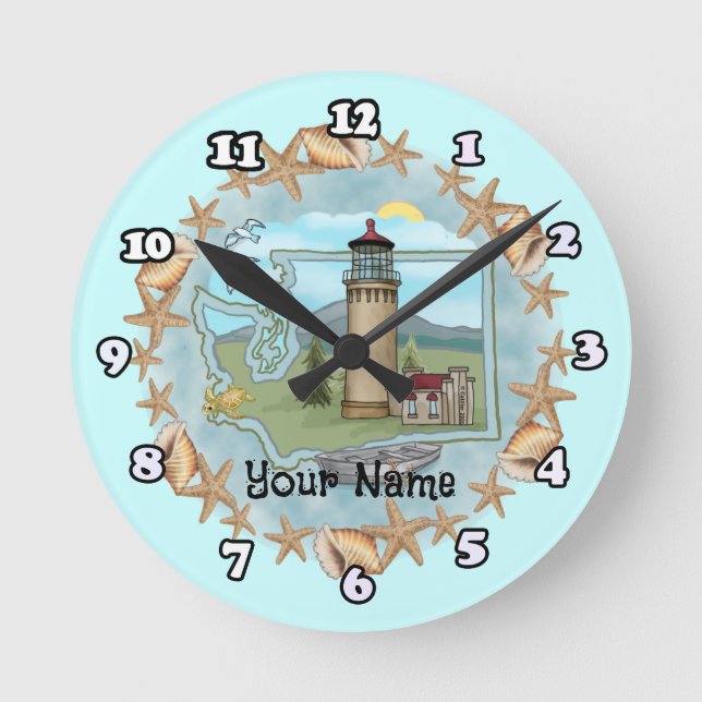 Washington Shells Lighthouse  Round Clock (Front)