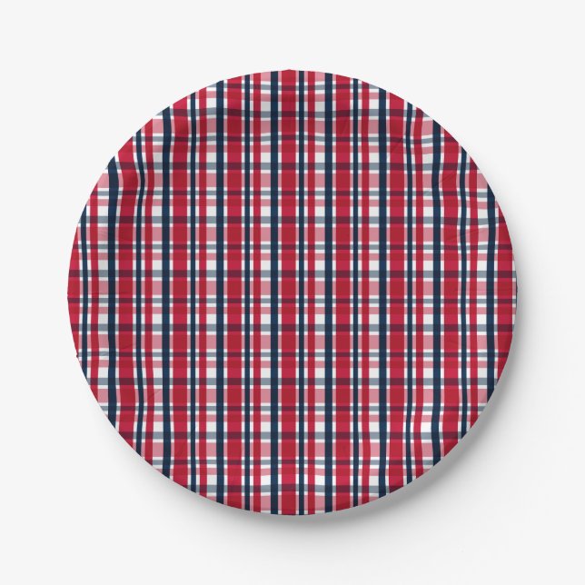 Washington Sports Fan Red White Blue Plaid Paper Plate (Front)