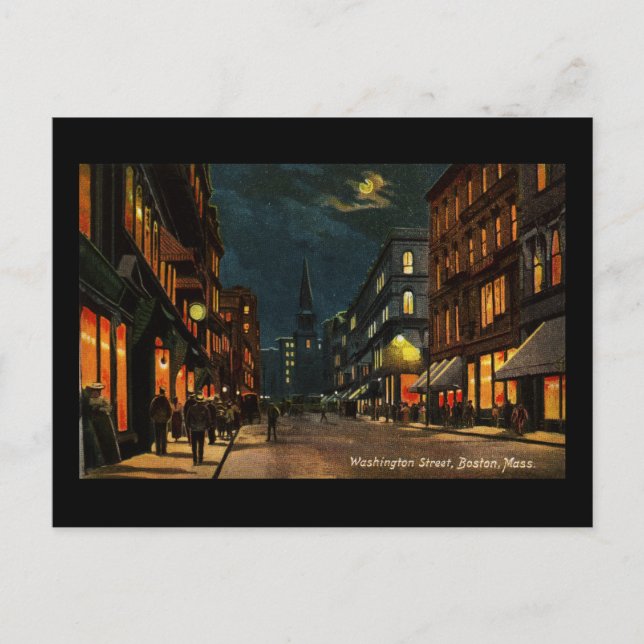 Washington St Boston MA at Night Postcard (Front)