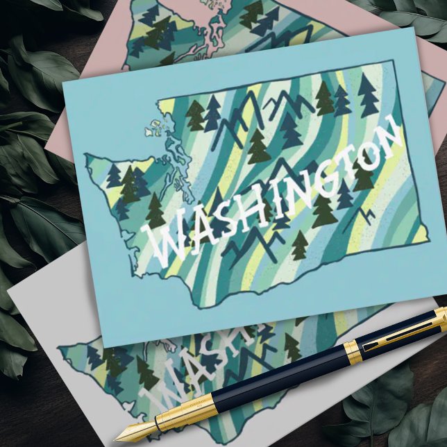 Washington State Illustrated Map Postcard (Washington State cute map illustrated postcard comes in several colors or change to your favorite! )